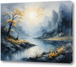    Умиротворение. Туманные скалы и золотое дерево у воды