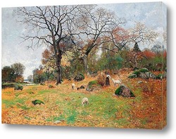    Осенний пейзаж с девушкой пастбища и скот