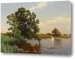   Постер Молодая женщина на берегу озера
