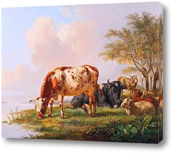   Картина Коровы и овцы на берегу реки