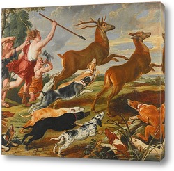   Постер Богиня Диана и ее нимфы охотятся на оленей