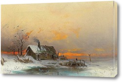   Постер Зимняя картина с коттеджем на реке