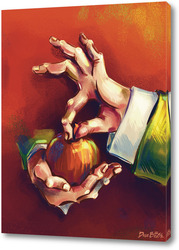     Выразительные руки, держащие яблоко на терракотовом фоне, натюрморт