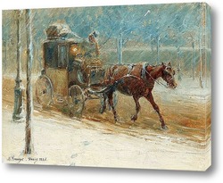    Зимний пейзаж с бульваром и запряженной лошадью