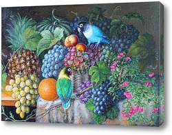   Картина Натюрморт с попугайчиками, ананасом и виноградом.