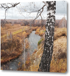   Постер Холм с березой над рекой осенью
