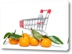    свежие мандарины и корзина для покупок на белом изолированном фоне