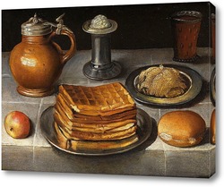    Натюрморт с оловянными тарелками, каменной кружкой и вафлями