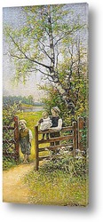   Картина Летний пейзаж с детьми у ворот