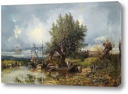   Постер Речной пейзаж с рыбаками