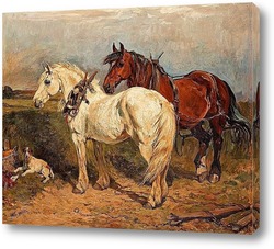  Картина Две рабочие лошадки и отдыхающая собака