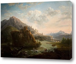   Постер Горный пейзаж с замком и фигурами рядом с рекой