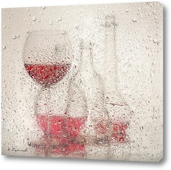   Постер Бутылки с вином за мокрым стеклом.