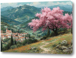    Цветущий миндаль над горной деревней