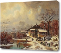   Постер Зимний пейзаж с охотниками