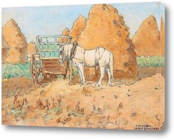    Белая лошадь и стога сена, сцена из Ла Ру,недалеко от Парижа