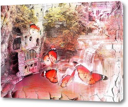   Постер водопад и бабочки