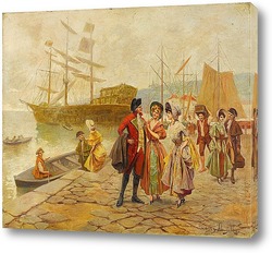   Постер Картина художника XIX века, порт, мужчина, женщина