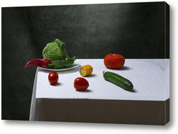   Постер Натюрморт с савойской капустой, помидорами, огурцами, красным перцем, лимоном и тыквой