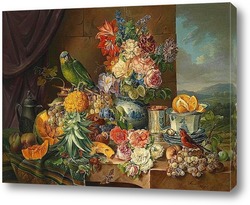    Натюрморт с фруктами,цветами и попугаем