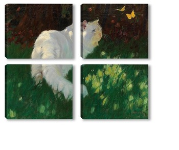 Модульная картина Белая кошка и бабочки 