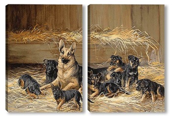 Модульная картина Немецкая овчарка со щенками