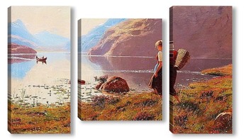 Модульная картина Фьорд.Пейзаж с блуждающей девушкой