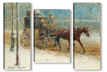 Модульная картина Бульвар с лошадью и каретой зимой