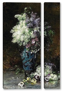 Модульная картина Натюрморт сирень, анютины глазки и других цветов в фарфоровой вазе  