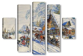 Модульная картина Русская деревня зимой