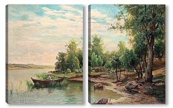Модульная картина Вид на озеро с рыбаком в лодке