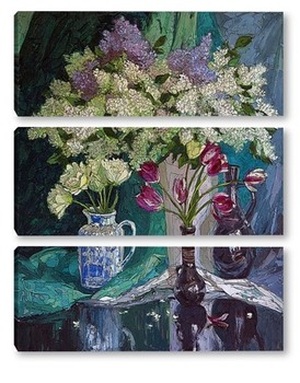 Модульная картина Натюрморт с сиренью и тюльпанами 