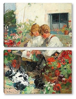 Модульная картина Дети, кормящие Кроликов