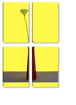 Модульная картина Плод лотоса без лепестков на жёлтом фоне в красной бутылке 