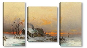 Модульная картина Зимняя картинка с домом на воде