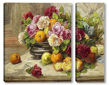 Модульная картина Натюрморт с розами и цитрусовыми фруктами