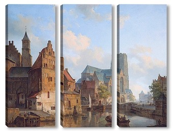 Модульная картина Делфтси Ваарт и Санкт-Лоран-церкви в Роттердаме