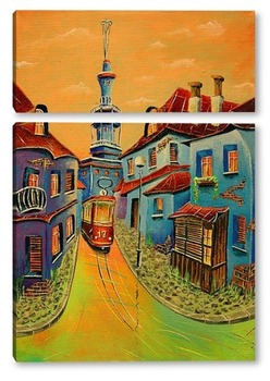 Модульная картина Триптих.  Городок. Красный трамвай.