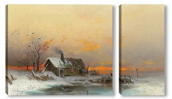 Модульная картина Зимняя картина с коттеджем на реке
