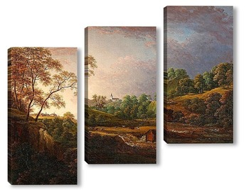 Модульная картина Обширный пейзаж с водопадом, домашним скотом и церковью в фоново