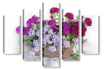 Модульная картина Цветы Гвоздики в бело-розовых тонах в карзинке