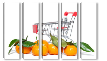 Модульная картина свежие мандарины и корзина для покупок на белом изолированном фоне