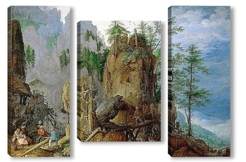 Модульная картина Горный пейзаж с лесорубами