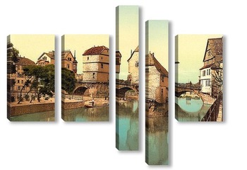 Модульная картина Мост, дома, Рейнская Пруссия, Германия. 1890-1900 гг