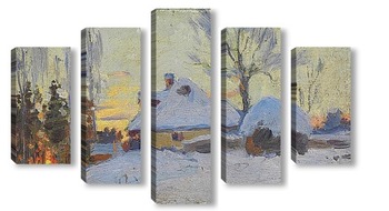 Модульная картина Зимняя деревня на закате
