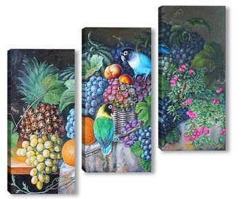 Модульная картина Натюрморт с попугайчиками, ананасом и виноградом.