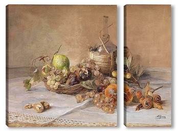 Модульная картина Натюрморт с фруктами и бутылкой кьянти