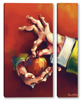 Модульная картина  Выразительные руки, держащие яблоко на терракотовом фоне, натюрморт