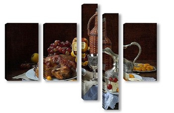 Модульная картина натюрморт с курицей -гриль , фруктами и вином в красивом кувшине