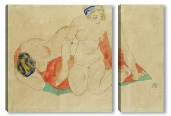 Модульная картина ЛЕЖАЩАЯ и СИДЯЩАЯ женщина ню на красной и зеленой ткани